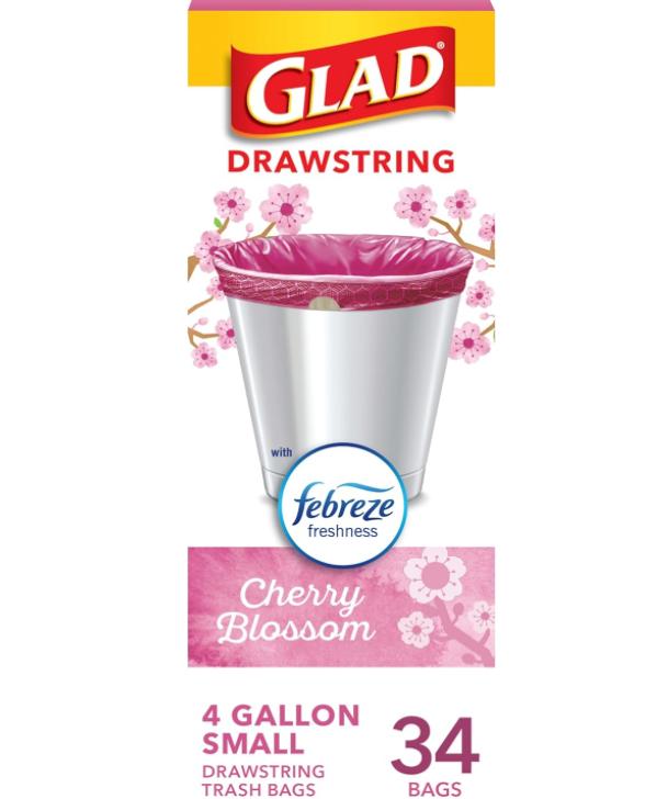 Glad Trash Bags, OdorShield Small Drawstring Garbage Bags, 4 Gallon Trash Bag, Febreze Cherry Blossom, 34 Count (Package May Vary)