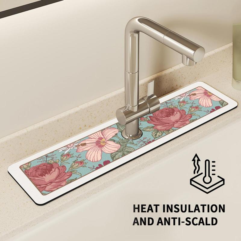 Rose Pattern Sink Mat, Non-slip Kitchen Sink Splash Proof Mat, Kitchen Sink Drip Mat, Bathroom Sink Mat, Countertop Drying Mat for Kitchen Bathroom