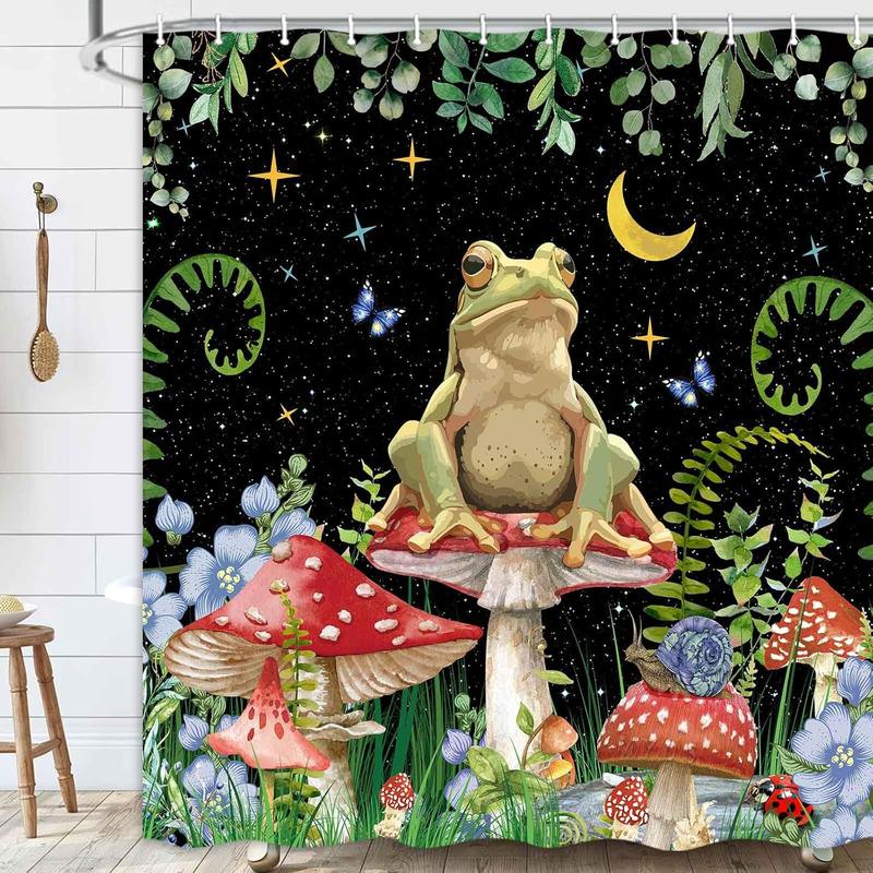 Mushroom Shower Curtain, Boho Moon Stars Aesthetic Floral Shower Curtains, Funny Frog Cottagecore Decor with Hooks - 69x70 inches Waterproof