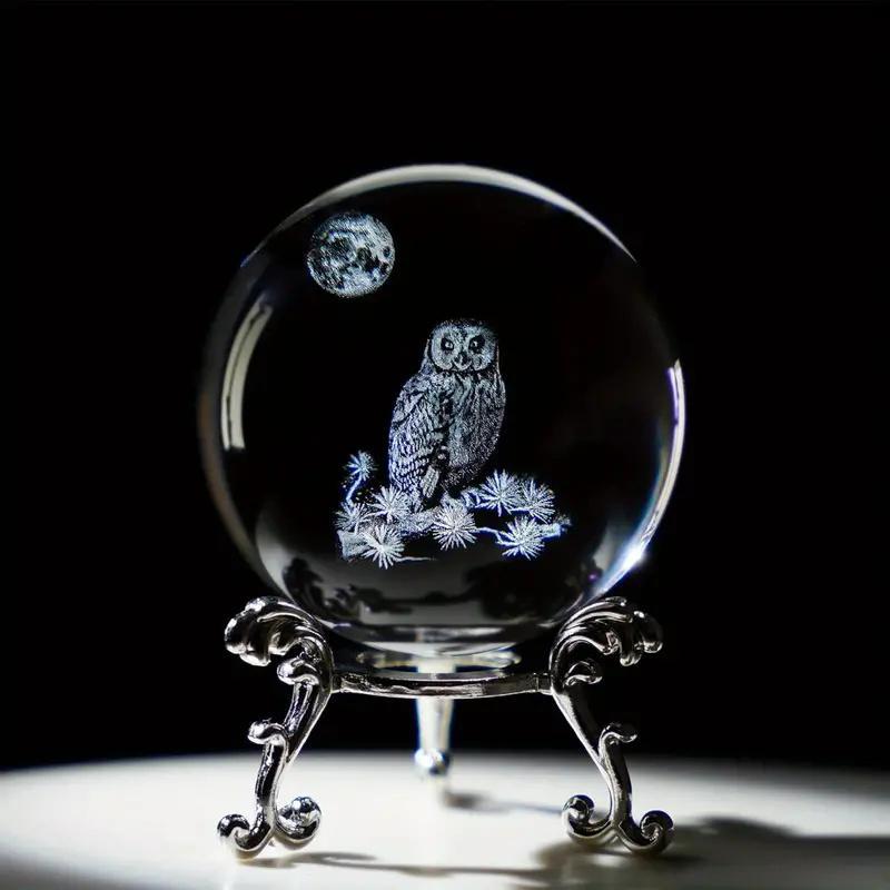 Owl Pattern Crystal Ball Ornament, 1 Count 3D Laser Glass Ball with Holder, Decorative Ball for Home Living Room Office, Gift for Friend