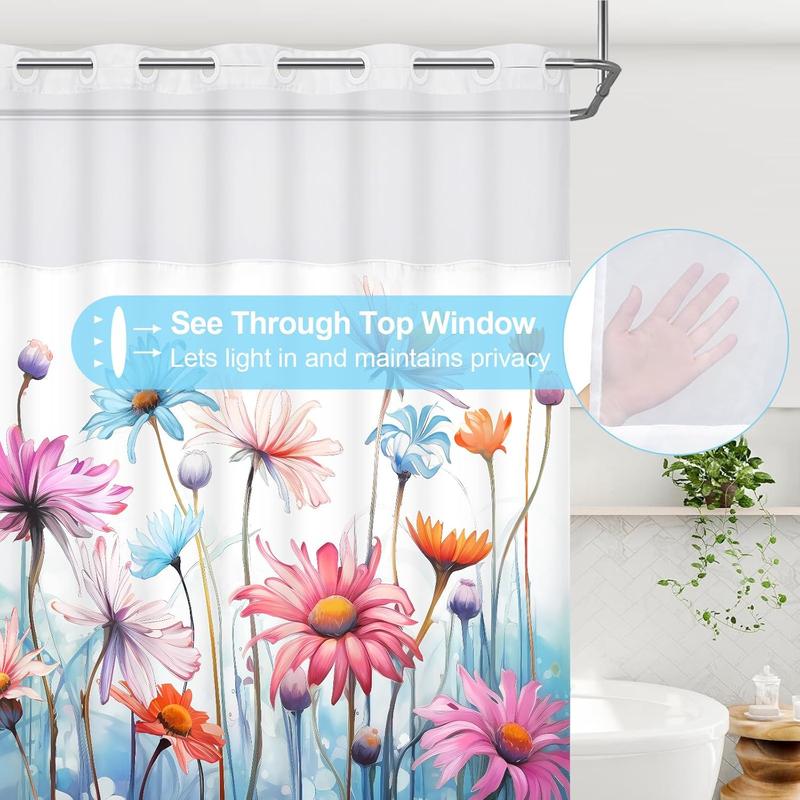 No Hook Shower Curtain with Snap in Liner, Floral Shower Curtain, See Through Shower Curtain with Window, Double Layer, Waterproof, Washable