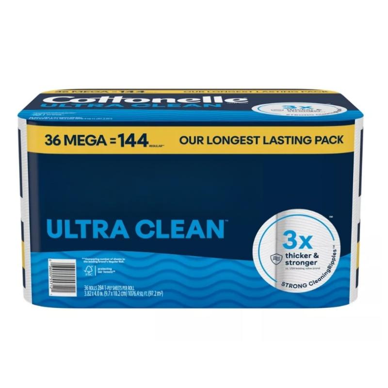 Ultra Clean Strong Toilet Paper with Active CleaningRipples Texture,Removes residue, Reduces odor, and is designed for sensitive skin, 36 Family Mega Rolls (36 Family Mega Rolls = 144 Regular Rolls) , 284 Sheets Per Roll, Packaging May Vary