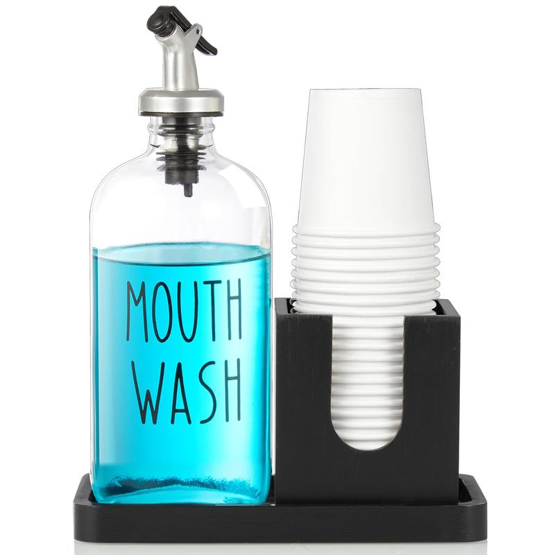 16 OZ Glass Mouthwash Dispenser with Wood Cup Holder and Tray, Pour Spout, Black Kitchen Bathroom Decor and Accessories - Soap