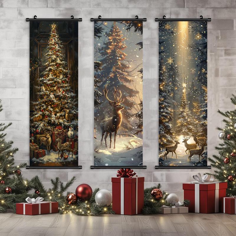 Christmas Themed Wall Banner, 3 Counts set Exquisite Christmas Tree & Deer Pattern Wall Decor, Wall Art for Home Living Room Bedroom Decor