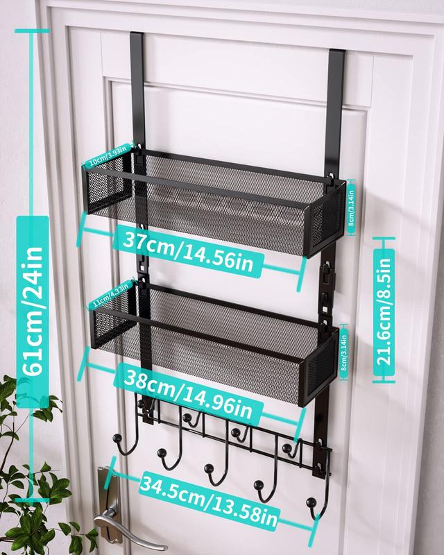 HapiRm 1or2 Shelves Over The Door Hooks Organizer,  Back of Door Storage Organizer for Bathroom, Bedroom-Black (for 1.76in Doors) Racks Hangable