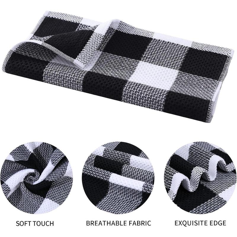 Cotton Waffle Weave Kitchen Towels, 13 x 28 Inches, Super Soft and Absorbent Buffalo Check Dish Towels for Drying Dishes, 4-Pack, Black & White Cleaning