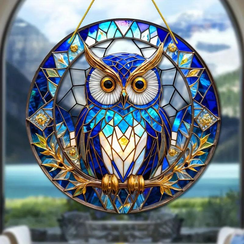 Stunning 8x8 Inch Pre-Drilled Stained Glass Owl Hanging Decoration - Perfect for Windows, Doors, Walls, and More - Weather Resistant and Waterproof - Ideal for Home Decor and Festive Occasions