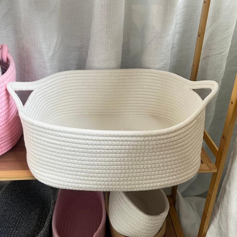 Rope Basket, Small Storage Gift Basket, Rectangle Under Shelf Basket, Decorative Boho White Rope Woven Basket with Handle for Egg Fruit Snack Towel