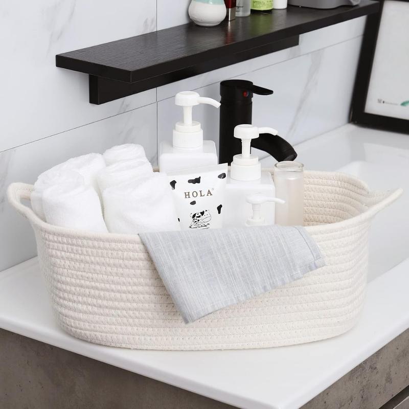 Rope Basket, Small Storage Gift Basket, Rectangle Under Shelf Basket, Decorative Boho White Rope Woven Basket with Handle for Egg Fruit Snack Towel