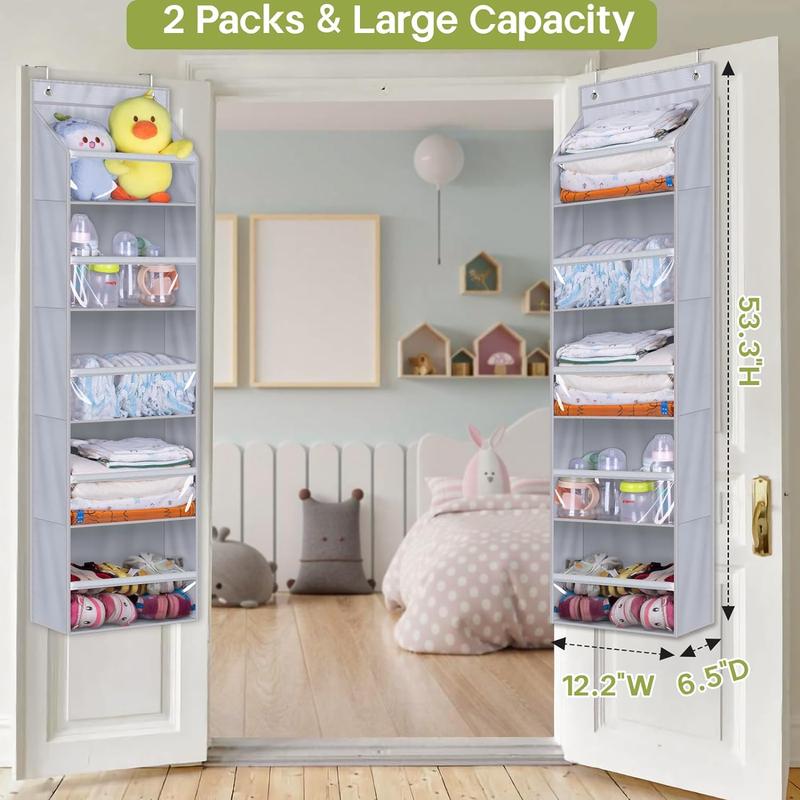 2 Pack Over the Door Organizer, Large Capacity Closet Door Hanging Organizer, Clear Deep Pockets Baby Organizer Storage for Nursery, Bathroom, Bedroom, Pantry, Diapers (Grey)