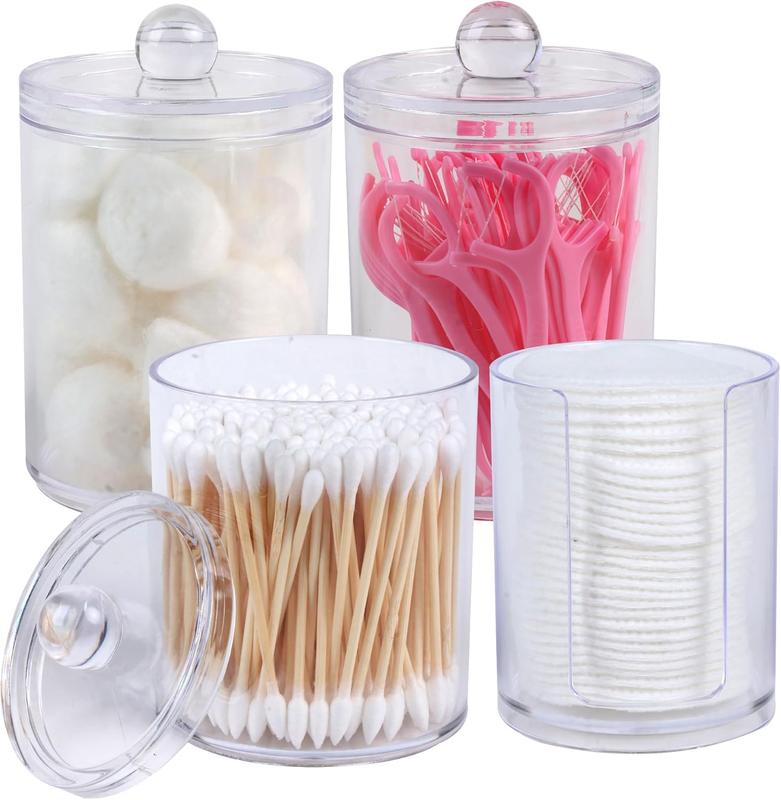 4 Pack Qtip Holder Dispenser  Jars for Cotton Swabs, Cotton Pads, Floss Picks Vanity Makeup Storage Organizer Set, Clear, 4 Pack, 10 oz with 1Gap