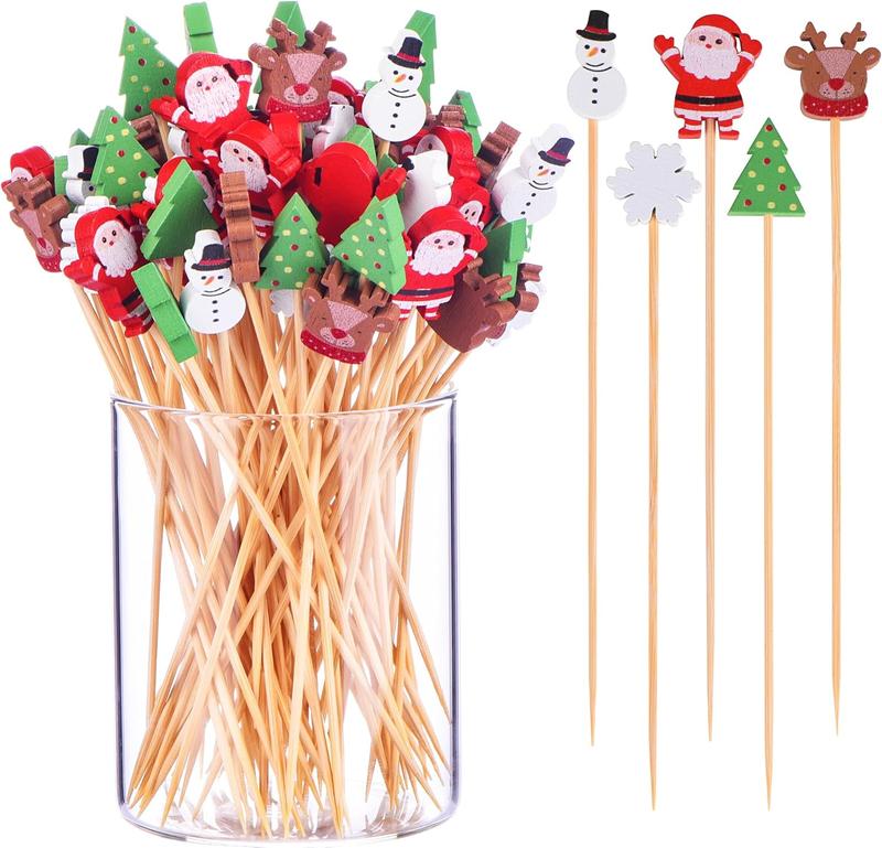 100 Pack Christmas Toothpicks for Appetizers, 4.7 Inch   Cocktail Picks for Cake Dessert  Fruit Christmas Party Decorations