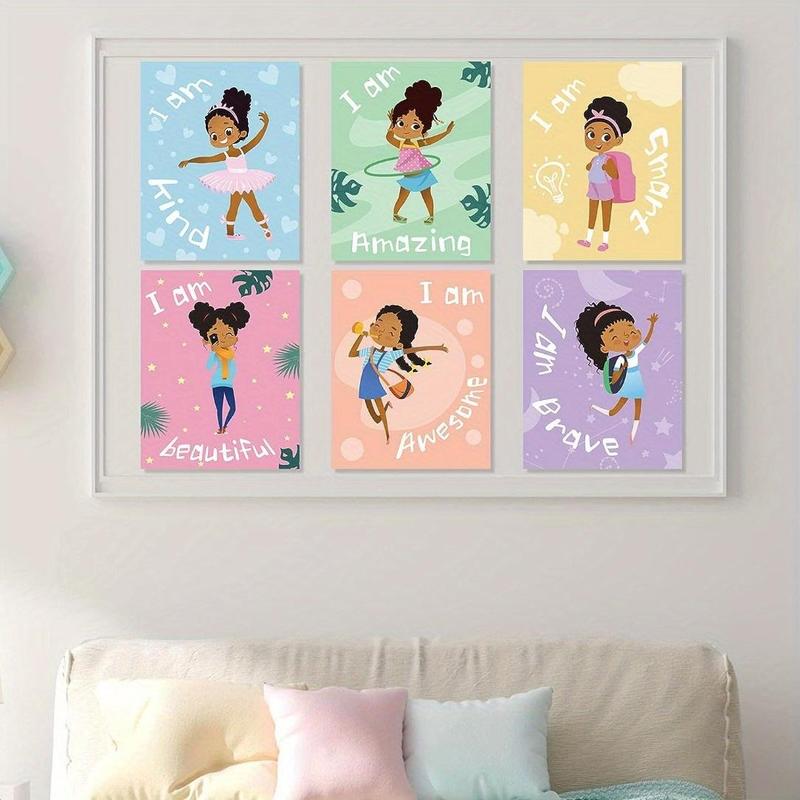  Little Girl & Letter Pattern Wall Art without Frame, 9pcs set Frameless Black Girl Wall Painting Art Decor, Motivational Posters for Girls Bedroom, Art Paint for Girls Teen Wall Decorations