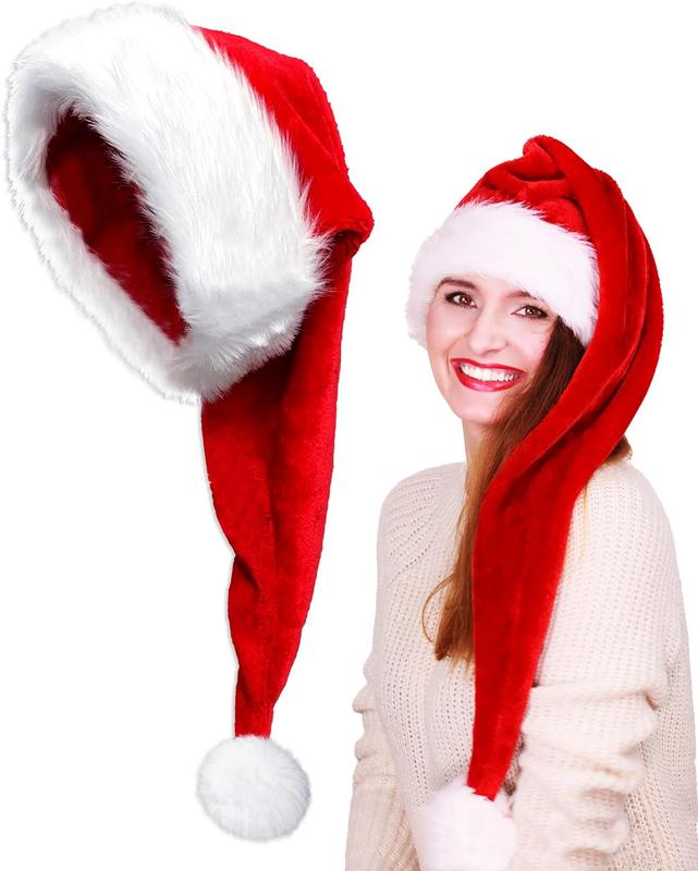 Long Santa Hat for Adult Unisex, Soft  Xmas Hat, Fluffy White  Trim, Fuzzy Santa Clause Hat for Christmas Party