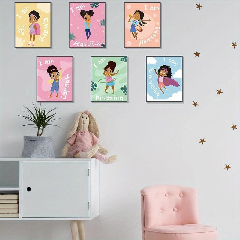  Little Girl & Letter Pattern Wall Art without Frame, 9pcs set Frameless Black Girl Wall Painting Art Decor, Motivational Posters for Girls Bedroom, Art Paint for Girls Teen Wall Decorations