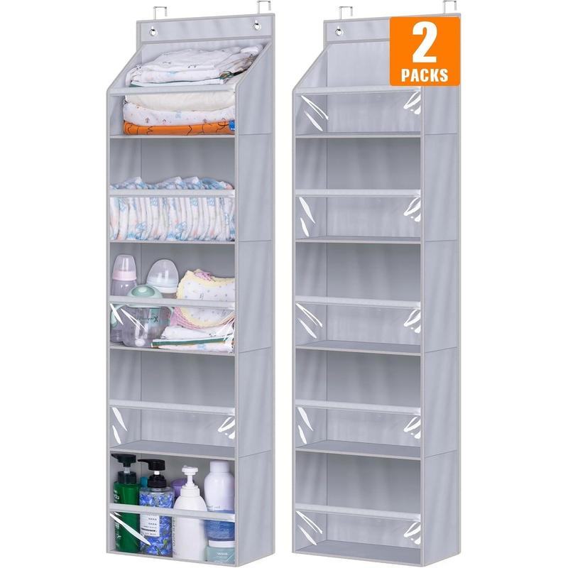 2 Pack Over the Door Organizer, Large Capacity Closet Door Hanging Organizer, Clear Deep Pockets Baby Organizer Storage for Nursery, Bathroom, Bedroom, Pantry, Diapers (Grey)