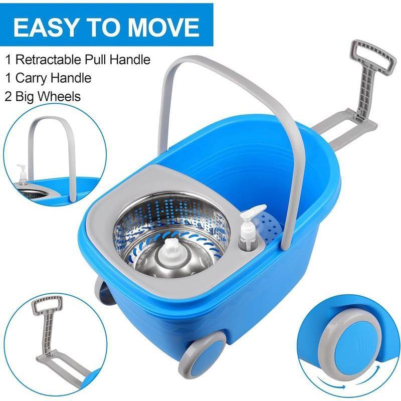 Colorful 360 Spin Mop Bucket Set Wringer System with 3 Microfiber Refills and Stainless Steel Extendable Pole - Plastic Bucket