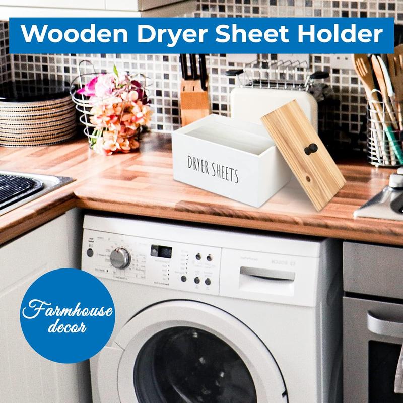 Laundry Dryer Sheet Holder - Home Softener Sheets Dispenser for Farmhouse Decor, Space Saving Organization Storage, Wooden Box Container Modern Organizer, Laundry Room Decor, and Accessories (White)