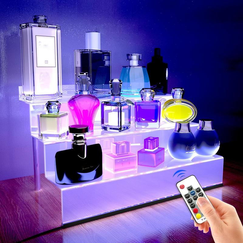 Acrylic Display Organizer with Led Light(color-changing) - 3 Tier Perfume Stand & Display Step Shelves Holder, Cologne Organizer, Figures Stand,Clear Cupcake Riser, Dessert Shelf