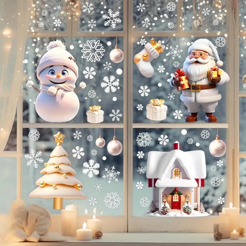 Santa Claus & Snowman & House & Tree Design Window Sticker, 1 Set Reusable Double Sided Window Decal, Festival Decor for Home Dormitory School Office