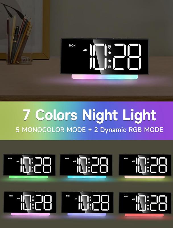 Extra Loud Alarm Clock for Heavy Sleepers Adults,Teens,,Rainbow Clock for Bedrooms,Small Bedside Digital Clock with Large Display,7 Color Night Light,12 24h(Black+Dynamic)