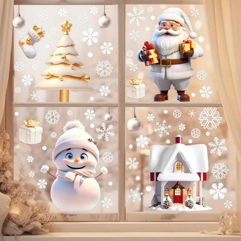 Santa Claus & Snowman & House & Tree Design Window Sticker, 1 Set Reusable Double Sided Window Decal, Festival Decor for Home Dormitory School Office