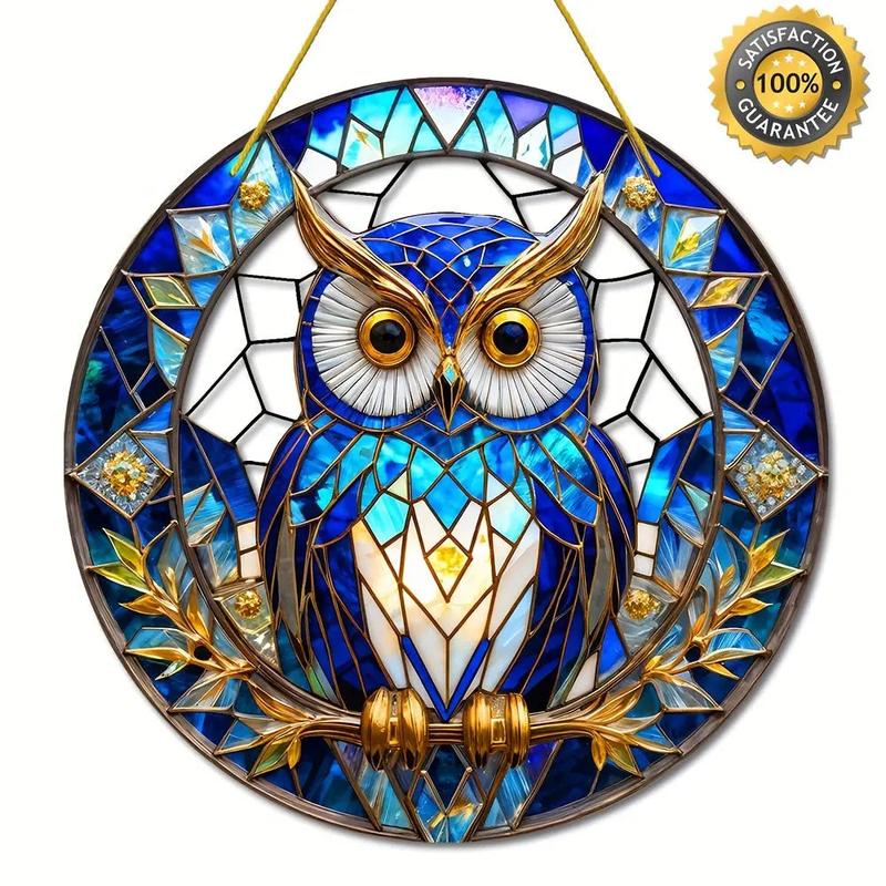 Stunning 8x8 Inch Pre-Drilled Stained Glass Owl Hanging Decoration - Perfect for Windows, Doors, Walls, and More - Weather Resistant and Waterproof - Ideal for Home Decor and Festive Occasions