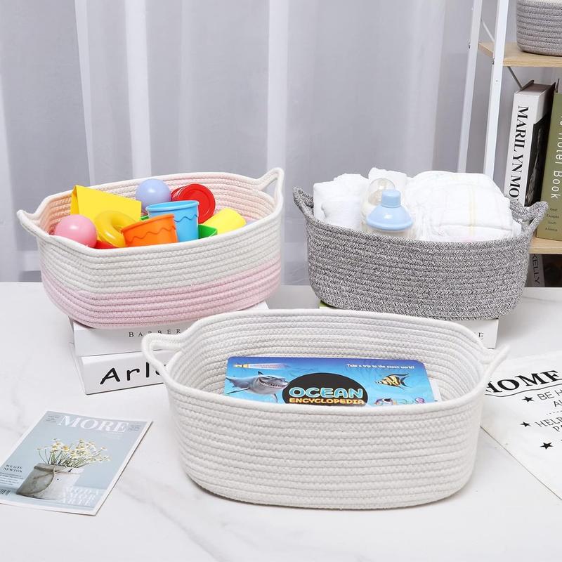 Rope Basket, Small Storage Gift Basket, Rectangle Under Shelf Basket, Decorative Boho White Rope Woven Basket with Handle for Egg Fruit Snack Towel