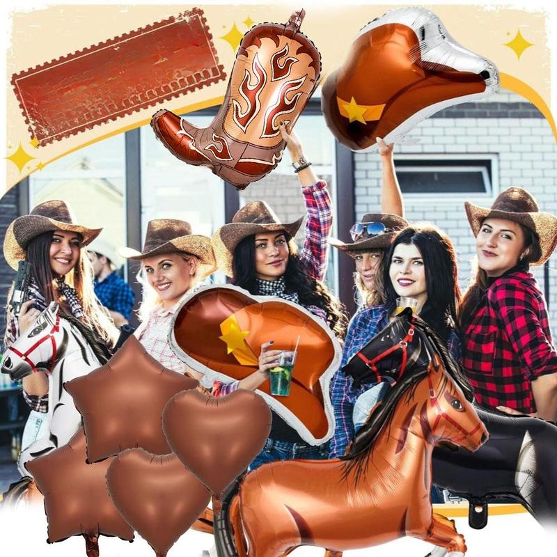 Cowboy Theme Balloon Set, 7 Counts set Horse & Cowboy Boots & Hat & Heart & Star Shape Inflatable Balloon, Birthday Party, Western Wild Party Decorative Supplies