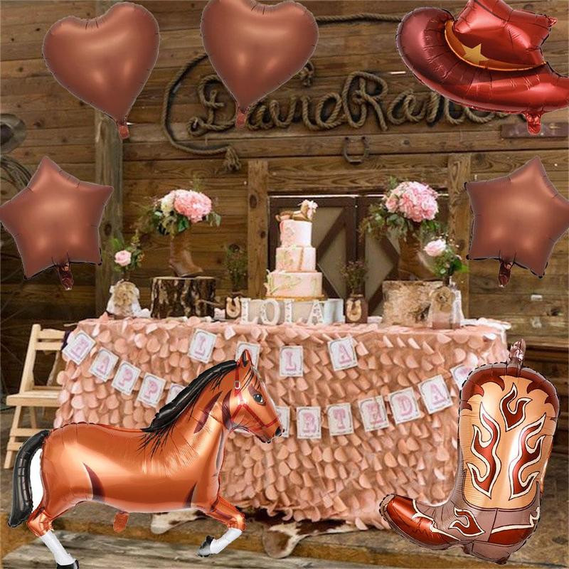 Cowboy Theme Balloon Set, 7 Counts set Horse & Cowboy Boots & Hat & Heart & Star Shape Inflatable Balloon, Birthday Party, Western Wild Party Decorative Supplies