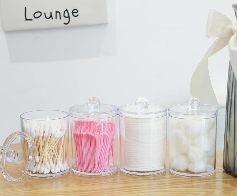 4 Pack Qtip Holder Dispenser  Jars for Cotton Swabs, Cotton Pads, Floss Picks Vanity Makeup Storage Organizer Set, Clear, 4 Pack, 10 oz with 1Gap