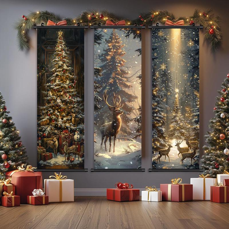 Christmas Themed Wall Banner, 3 Counts set Exquisite Christmas Tree & Deer Pattern Wall Decor, Wall Art for Home Living Room Bedroom Decor