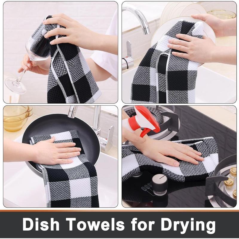 Cotton Waffle Weave Kitchen Towels, 13 x 28 Inches, Super Soft and Absorbent Buffalo Check Dish Towels for Drying Dishes, 4-Pack, Black & White Cleaning