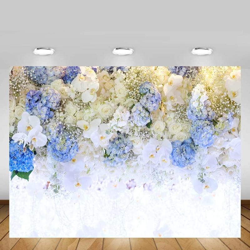 7x5ft Spring White Blue Flower  Glitter Photography Backdrop Rose Floral Wall Wedding Bridal Shower Background Ladies  Party Girls Portrait Lovers Annivery Photo Studio Props