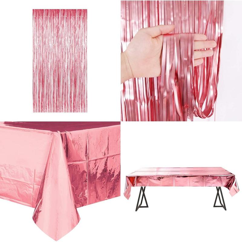 Pink Birthday Party Decoration, Happy Birthday Banner, Rose Gold Fringe Curtain, Foil Tablecloth, Heart Star Foil Confetti Balloons, 10g Table Confetti for Women Girl Birthday Party