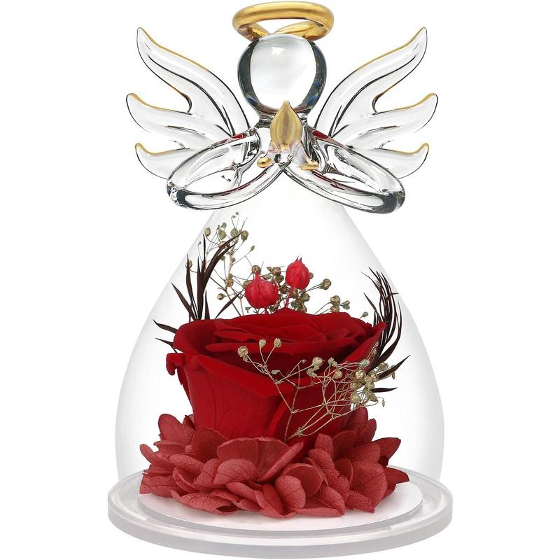 Preserved Flower Rose Gifts in Glass Angel Figurines,Birthday Gifts for Women,Angel Rose Gifts for Her,Christmas Rose Gifts for Mom Mothers Grandma,Real Flowers Purple Gift,Thanksgiving Gifts