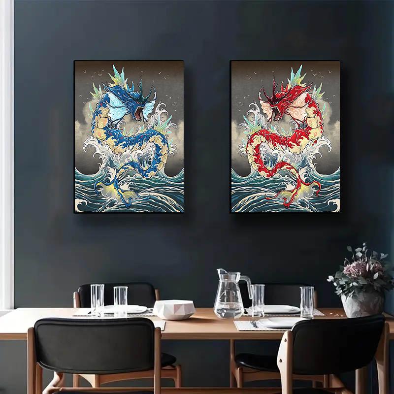 Dragon Pattern Wall Art, 2 Counts set Frameless Abstract Anime Poster, Cartoon Dragon Wall Art Painting for Living Room Bedroom Dormitory Home Decor