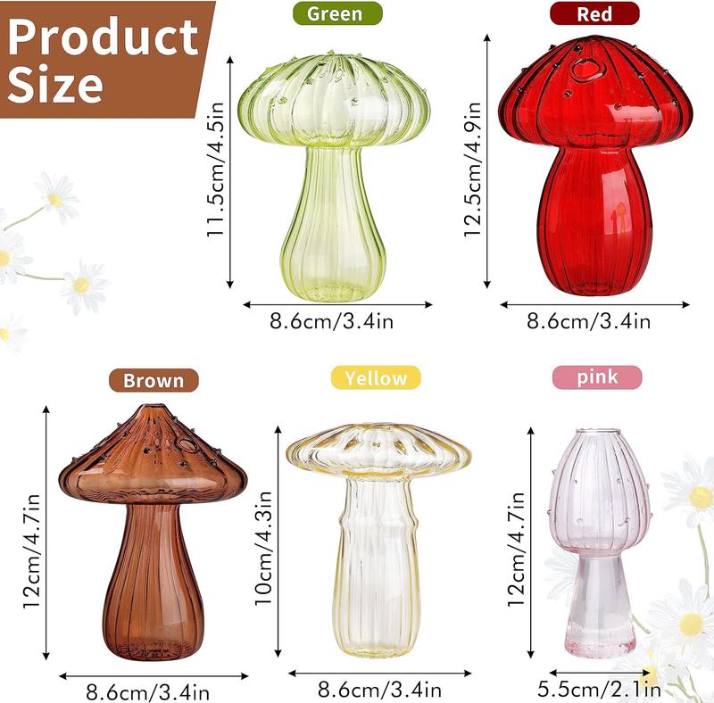 5 PCS Mushroom Shaped Glass Vase Set with Decorative Ornaments, Clear Hydroponic Planters for Flowers & Plants, Centerpiece Table Decor, Wedding & Party Home Decorations