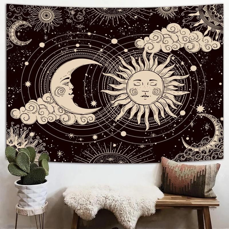 Sun and Moon Tapestry, Aesthetic Black Dark Spiritual Tapestries Mystic Burning Sun with Clouds Star Wall Hanging decor for Bedroom  50x60inch