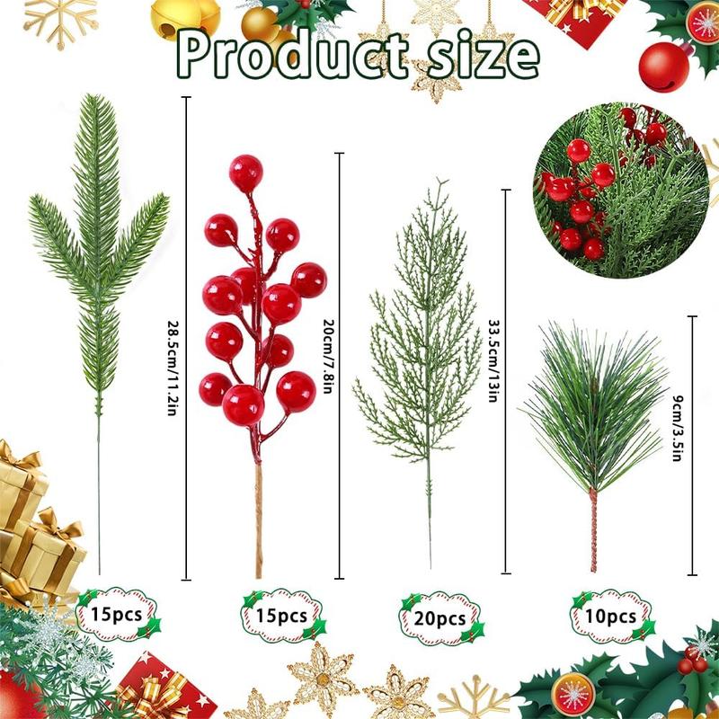 60 PCS Artificial Pine Branches Christmas Faux Pine Greenery Stems for Christmas Tree DIY Crafts Holiday Home Decoration Decorative Ornaments Plant