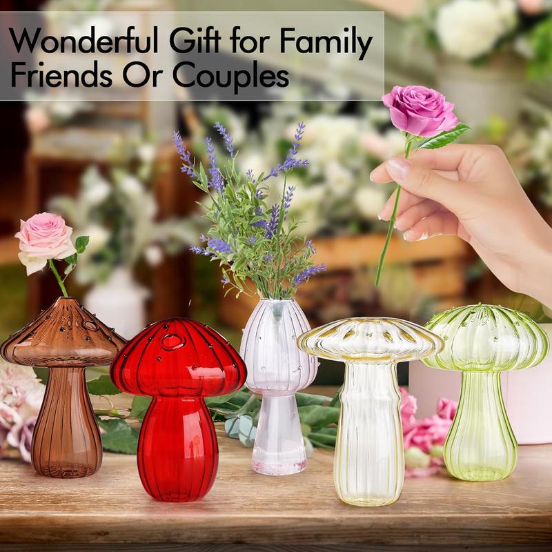 5 PCS Mushroom Shaped Glass Vase Set with Decorative Ornaments, Clear Hydroponic Planters for Flowers & Plants, Centerpiece Table Decor, Wedding & Party Home Decorations