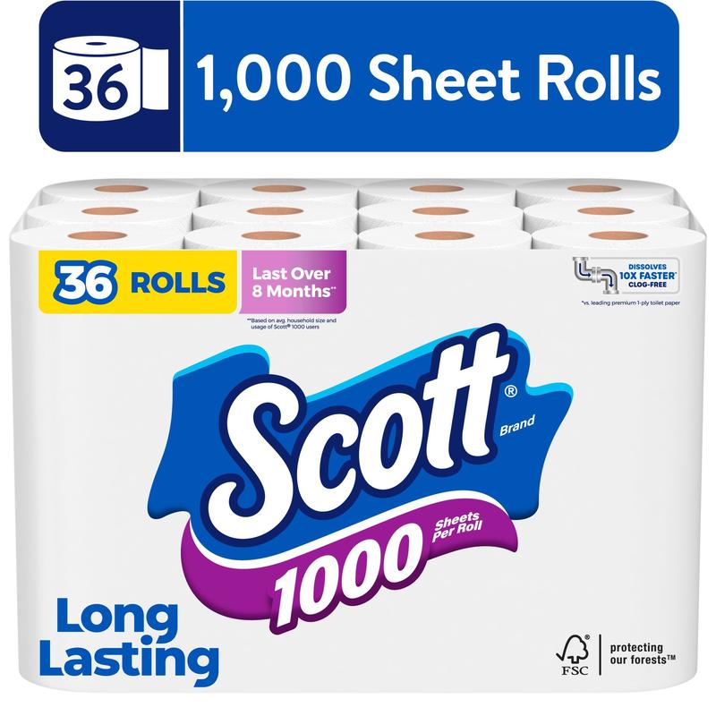 Scott 1000 Toilet Paper, 36 Rolls, 1,000 Sheets per Roll