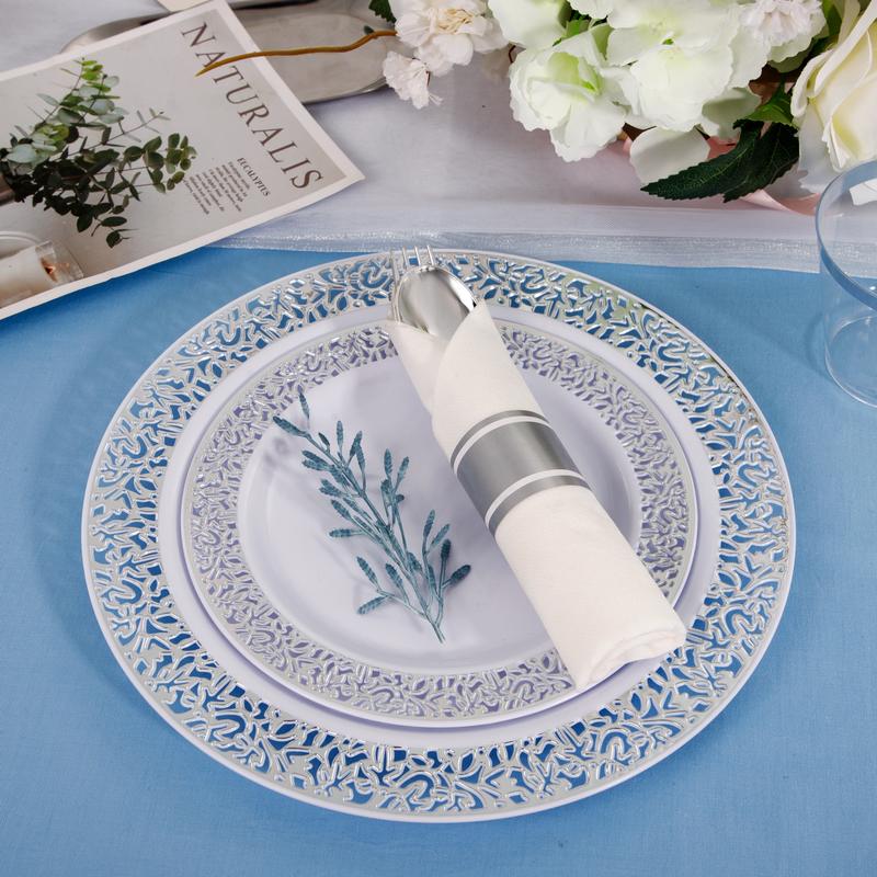 350 Pcs Gold Plastic Plates Disposable Silverware and Cups, Include:50 Dinner Plates 10.25”, 50 Dessert Plates 7.5” 50 Gold Rim Cups ,Gold Cutlery Set dinner plate