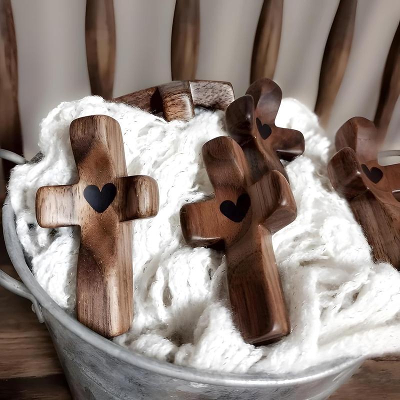 Cross My Heart, Encouragement Gift Wooden Cross for Christians, Fingertip Stress Relief Religious Gifts for Praying, Small Pocket Cross in Bulk with Bag, Walnut Wooden Crosses, 10pcs