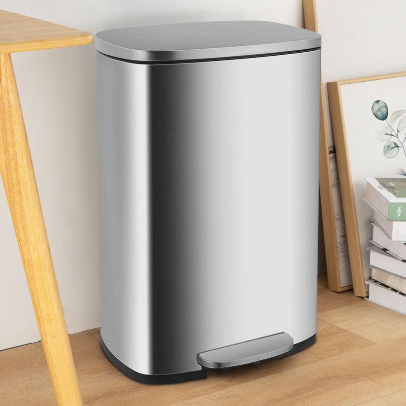 13.2 Gallon(50L) Trash Can, Fingerprint Proof Stainless Steel Kitchen Garbage Can with Removable Inner Bucket and Hinged Lids, Pedal Rubbish Bin for Home Office Plastic Smooth