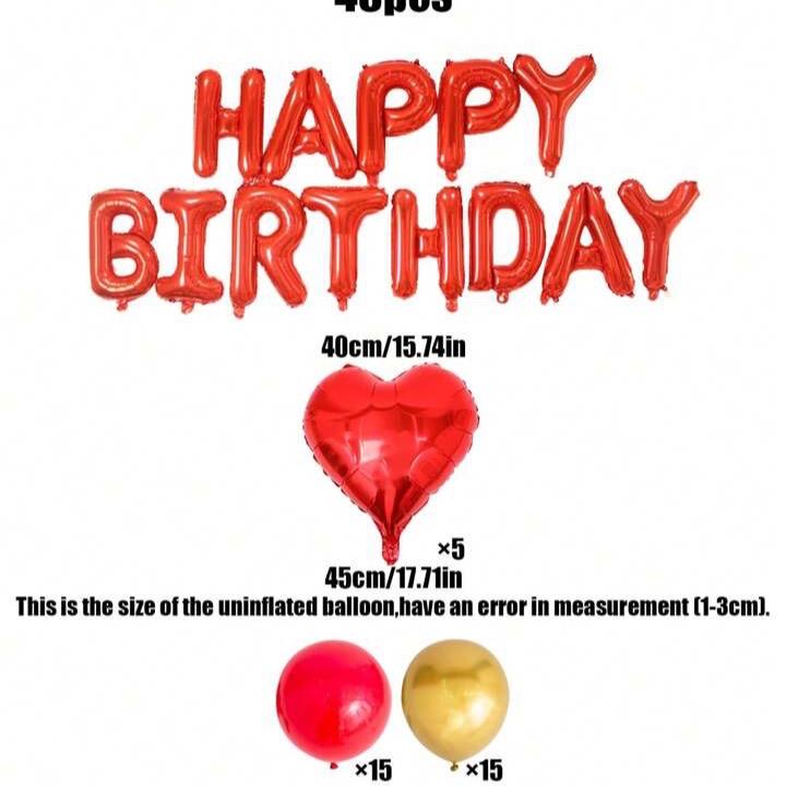 48pcs Red Happy Birthday Balloon Set with 18-Inch Heart Shape and Gold Latex Balloons for Party Decoration Colorful