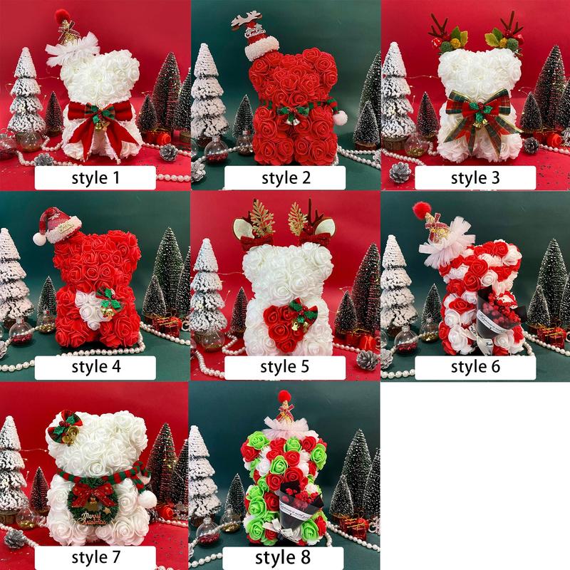 Christmas Themed Bear with Bowknot & Hat Decor, 1 Count Cute Simulated Rose Bear Ornaments, Romantic Gift for Women & Girls, Party Decoration Supplies