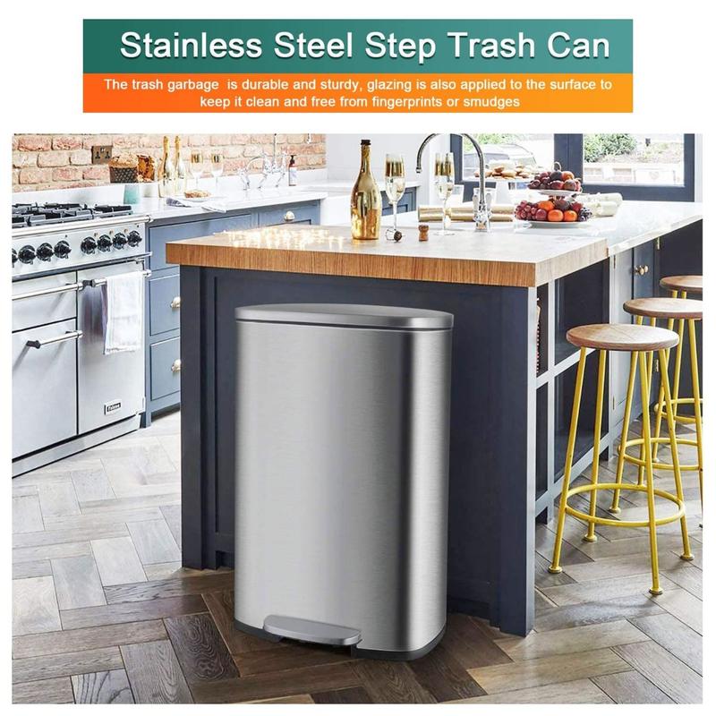 13.2 Gallon(50L) Trash Can, Fingerprint Proof Stainless Steel Kitchen Garbage Can with Removable Inner Bucket and Hinged Lids, Pedal Rubbish Bin for Home Office Plastic Smooth