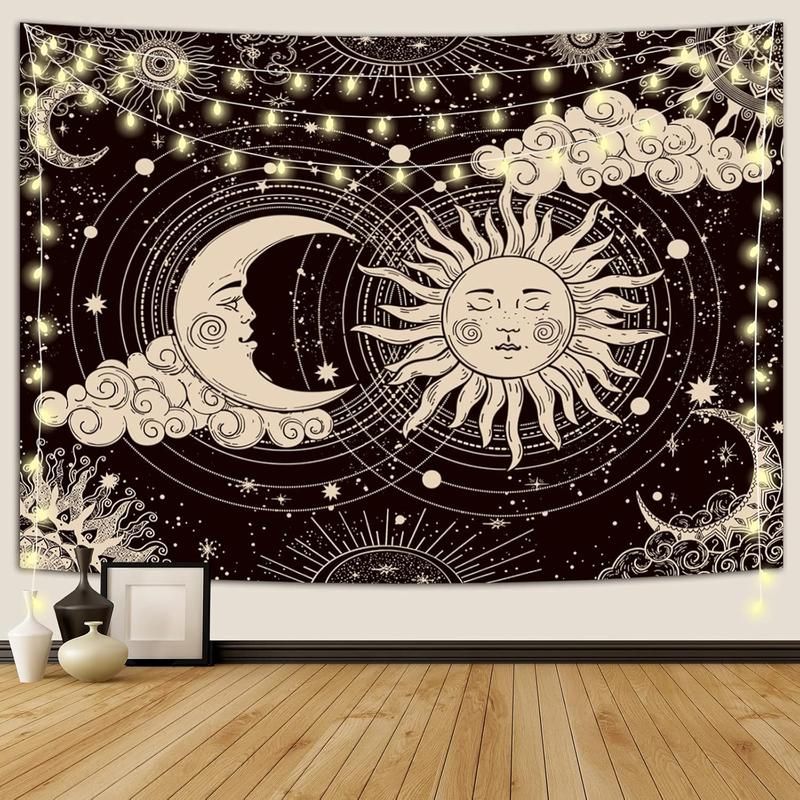 Sun and Moon Tapestry, Aesthetic Black Dark Spiritual Tapestries Mystic Burning Sun with Clouds Star Wall Hanging decor for Bedroom  50x60inch