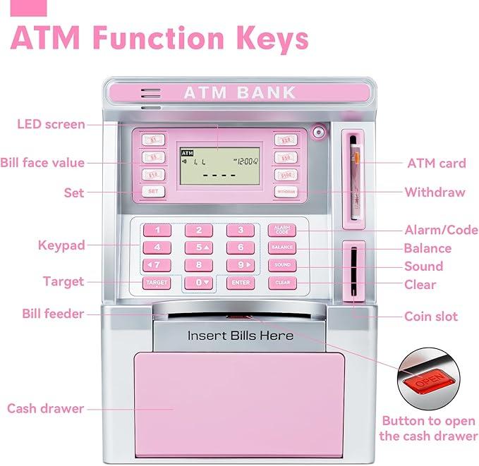 Pink Piggy Bank for Kids, ATM Machine Bank for Real Money with Debit Card, Bill Feeder, Coin Recognition, Balance Calculator, Electronic Savings Safe Box, Gifts for Teen Boy Girl